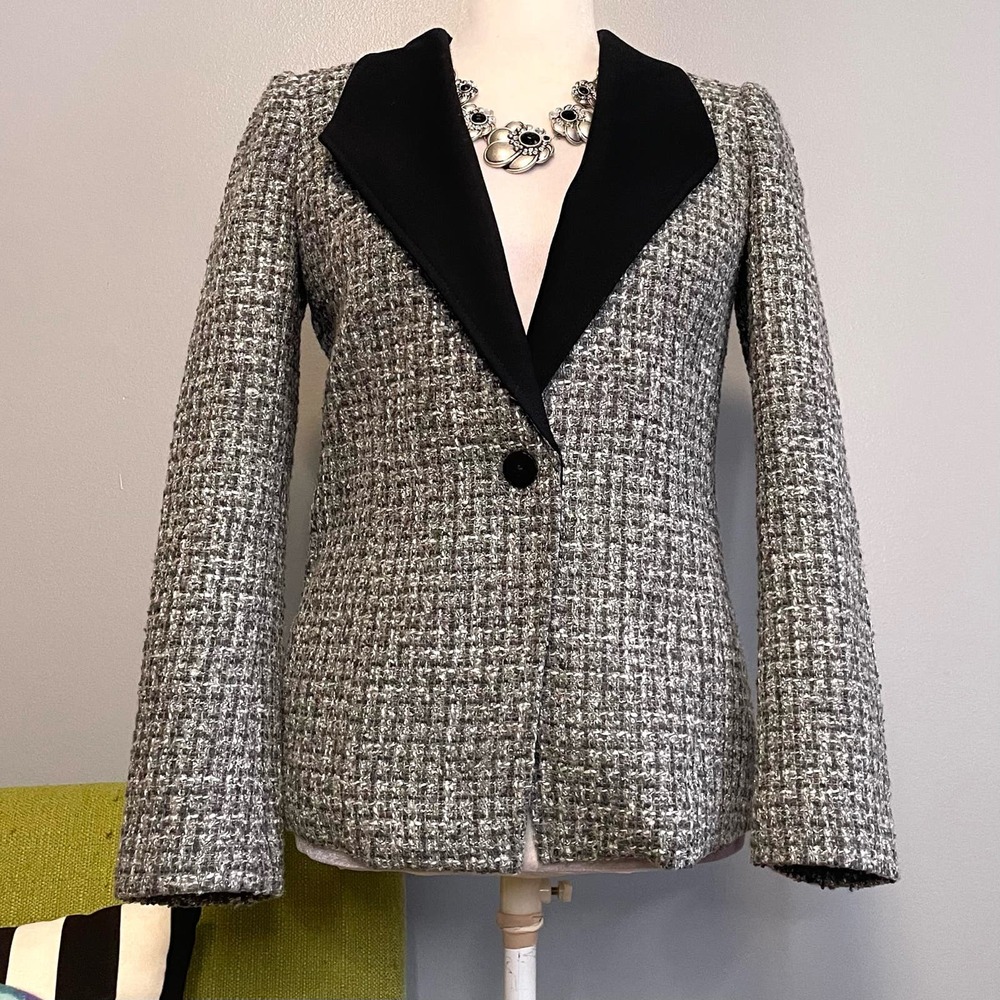 White House Black Market WHBM Gray Tweed Blazer Suit Jacket 2